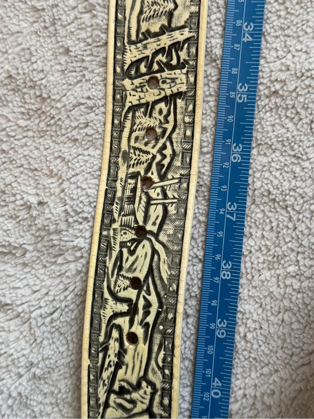 Vintage Embossed Wildlife Leather Belt Deer Cabin Mountain Scene Brass Buckle 37